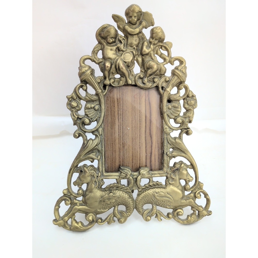 Antique Brass Picture Frame Victorian Easel Cherub Sea Horse Mermaid Hippocampus